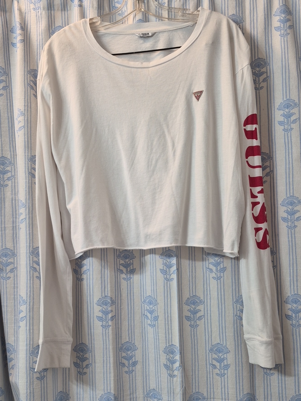 GUESS White L/S Logo Crew neck Shirt Crop Top Sz L